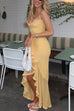 Trixiedress Spaghetti Strap Frill Trim Draped Slit Maxi Dress