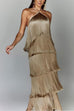 Trixiedress Chicest Halter Ruffle Layered Fringe Maxi Party Dress