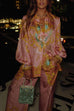 Trixiedress Unique Print Lantern Long Sleeves Blouse Shirt and Wide Leg Pants Holiday Outfit Set