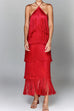 Trixiedress Chicest Halter Ruffle Layered Fringe Maxi Party Dress