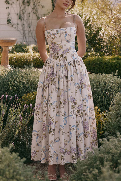 Trixiedress Spaghetti Strap Floral Print Bustier A-line Maxi Dress