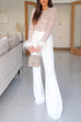 Trixiedress Feather-Paneled Long Sleeves Bell Bottoms Sequin Jumpsuit