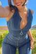 Trixiedress Zip Up Sleeveless Heart Back Bell Bottom Denim Jumpsuit