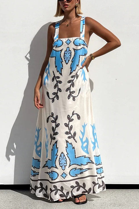 Trixiedress Square Neck Tie Knot Backless Printed Maxi Cami Dress