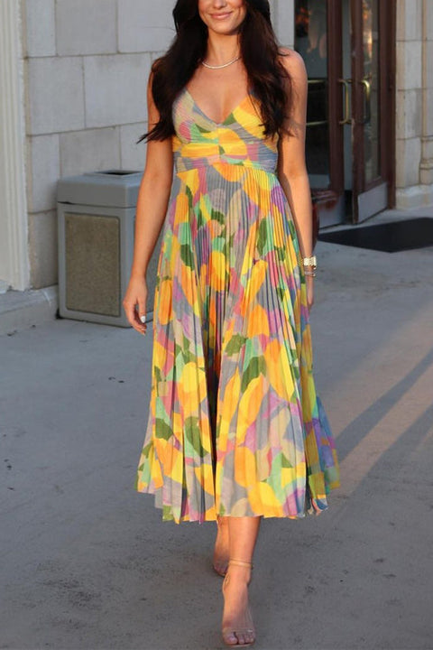 Trixiedress V Neck Printed High Waist Pleated Midi Cami Dress