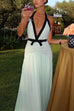 Trixiedress Deep V Neck Halter Backless Color Block Bow Maxi Dress