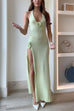 Trixiedress Halter V Neck Backless Slit Rose Applique Knit Maxi Dress