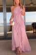 Trixiedress Strappy Halter Neck Ruffle Trim Asymmetric Hem Pleated Maxi Dress