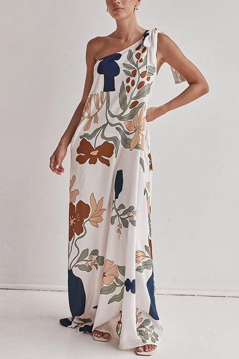 Trixiedress Tie Knot One Shoulder Floral Print Maxi Dress