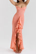 Trixiedress Spaghetti Strap Frill Trim Draped Slit Maxi Dress