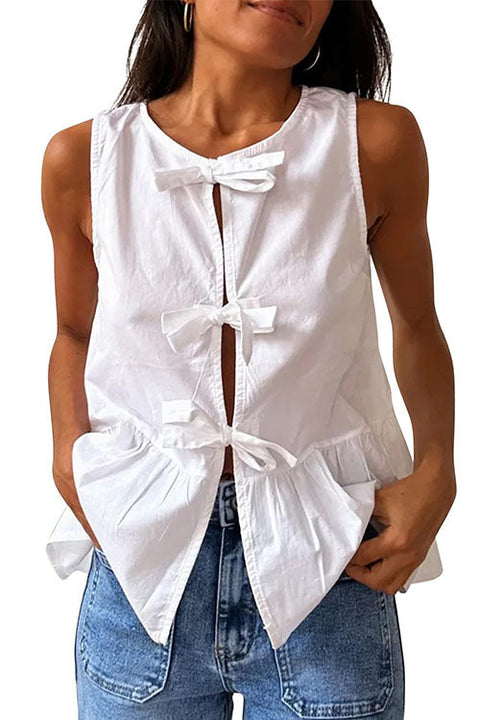 Trixiedress Bow Front Sleeveless Cotton Linen Ruffle Top(in 6 Colors)