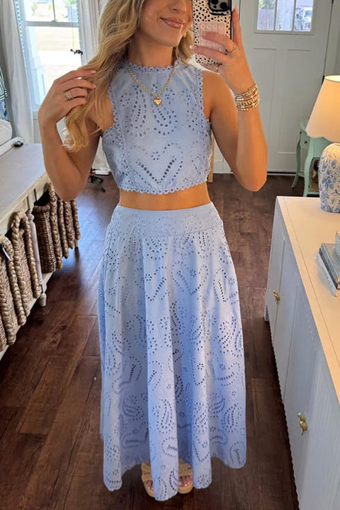 Trixiedress Lace Hollow Out Sleeveless Crop Top High Waist Maxi Skirt Set