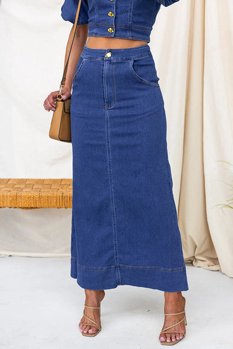 High Rise Back Slit Pocketed Denim Maxi Skirt