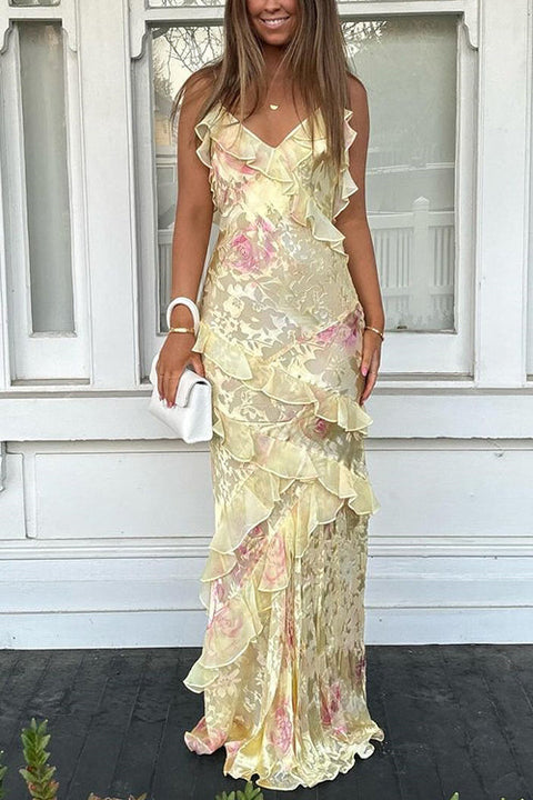 Trixiedress Spaghetti Strap Backless Ruffle Trim Printed Maxi Dress