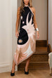 Trixiedress Halter Neck Open Back Asymmetric Hem Printed Satin Midi Dress