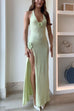 Trixiedress Halter V Neck Backless Slit Rose Applique Knit Maxi Dress