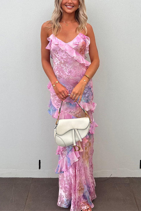 Trixiedress Ruffle Trim Open Back Printed Maxi Cami Dress