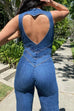 Trixiedress Zip Up Sleeveless Heart Back Bell Bottom Denim Jumpsuit
