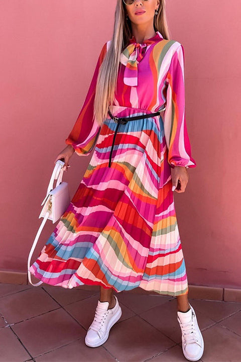 Trixiedress Tie Neck Long Sleeves Color Block Pleated Maxi Dress