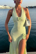 Trixiedress Halter V Neck Backless Slit Rose Applique Knit Maxi Dress