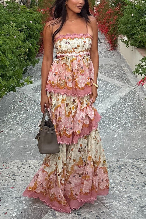 Trixiedress Spaghetti Strap Back Lace-up Ruffle Layered Floral Print Maxi Dress