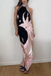 Trixiedress Halter Neck Open Back Asymmetric Hem Printed Satin Midi Dress