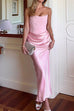 Trixiedress Strapless Ruched Satin Splice Bodycon Maxi Dress