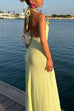 Trixiedress Halter V Neck Backless Slit Rose Applique Knit Maxi Dress