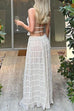 Trixiedress Ruffle Trim Halter Backless Crop Top Drawstring Waist Pleated Maxi Skirt Set