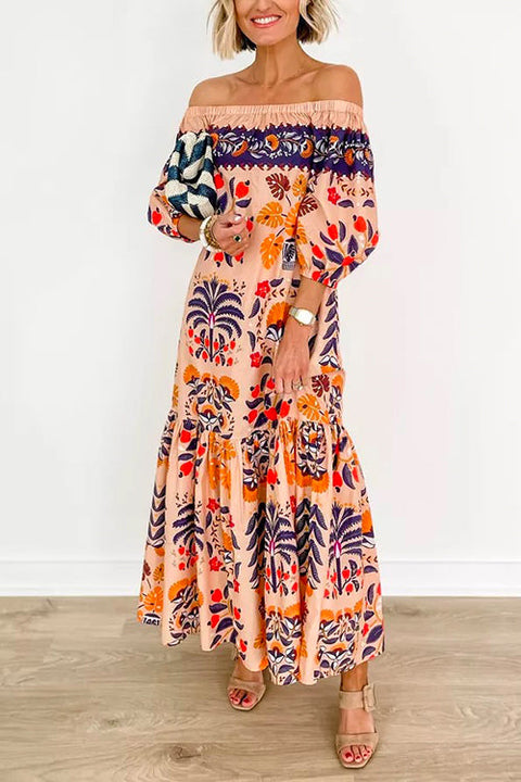 Trixiedress Off Shoulder Lantern Sleeves Printed Ruffle Maxi Dress