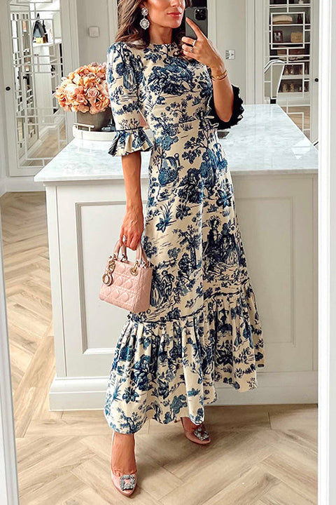 Bell Sleeves Waisted Landscape Printed Maxi Ruffle Dress