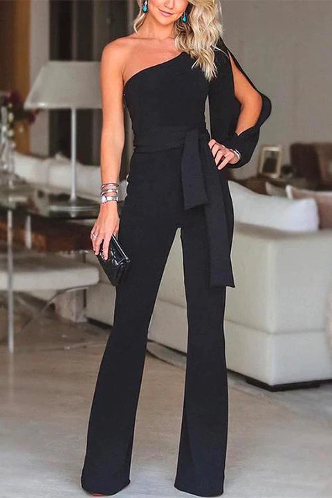 Trixiedress One Shoulder Slit Sleeve Tie Knot Jumpsuit