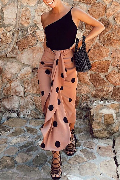 Trixiedress Drape Front Slit Polka Dot Skirt
