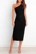 Trixiedress One Shoulder Ruched Side Split Midi Pencil Dress