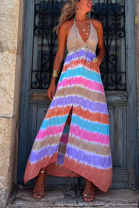 Trixiedress Halter Deep V Neck Slit Tie Dye Maxi Cami Dress