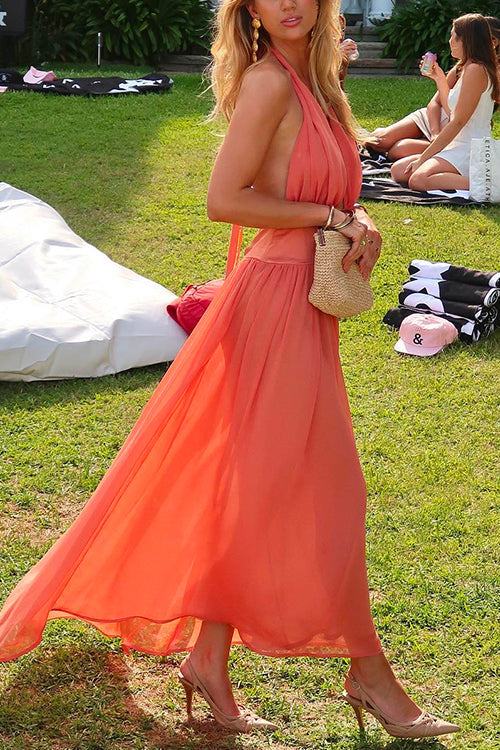 Trixiedress Deep V Neck Halter Backless Flowy Maxi Party Dress