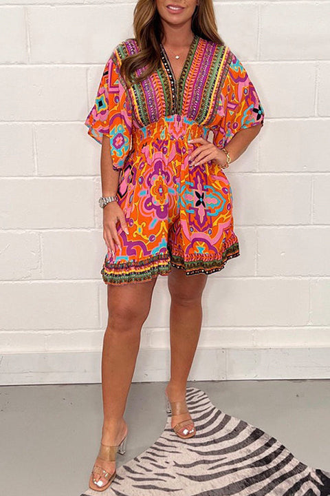 Trixiedress V Neck High Waist Wide Leg Printed Ruffle Romper