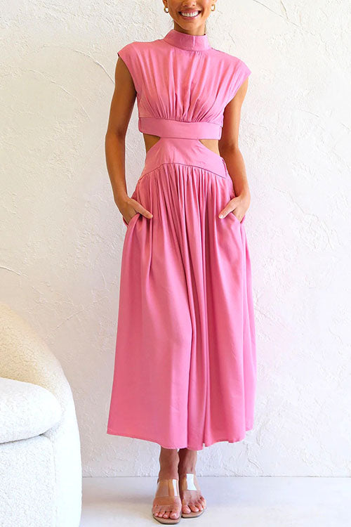 Trixiedress Mockneck Cut Out Waist Pockets Swing Dress
