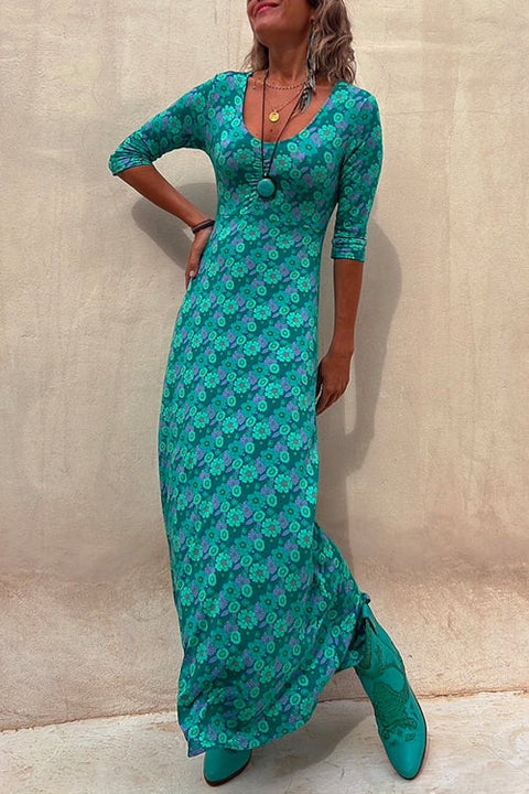 Trixiedress Scoop Neck 3/4 Sleeve Maxi Floral Dress