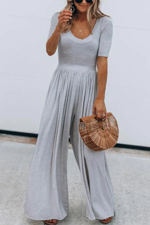 Trixiedress U Neck Short Sleeve Ruched Wide Leg Jumpsuit