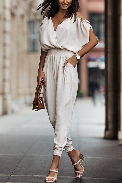 Trixiedress Cold Shoulder Elastic Waist Jogger Jumpsuit with Pockets