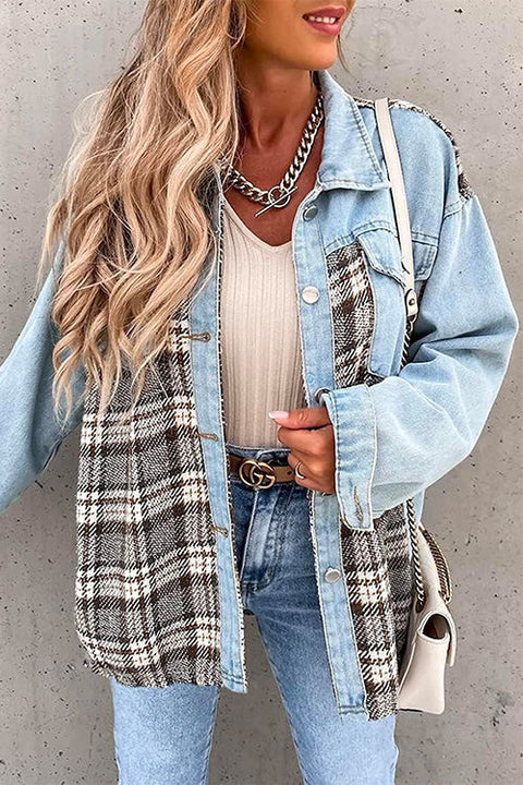 Trixiedress Long Sleeve Button Down Plaid Splice Jacket