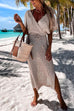 Trixiedress Wrap V Neck Tie Waist Side Slit Crochet Cover Up Dress