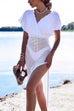 Trixiedress Wrap V Neck Tie Waist Side Slit Crochet Cover Up Dress