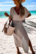 Trixiedress Wrap V Neck Tie Waist Side Slit Crochet Cover Up Dress
