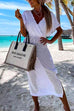 Trixiedress Wrap V Neck Tie Waist Side Slit Crochet Cover Up Dress