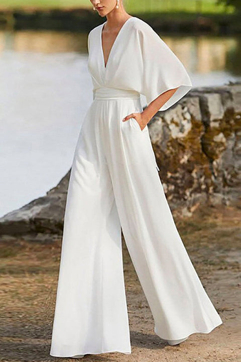 Trixiedress Deep V Neck High Waist Wide Leg Jumpsuit