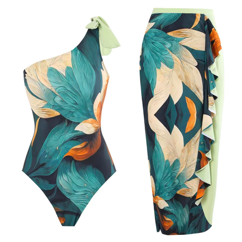 Trixiedress Bow One Shoulder One-piece Swimsuit Ruffle Cover Up Skirt Printed Set
