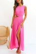 Trixiedress Sleeveless Cut Out Waist High Slit Maxi Swing Dress