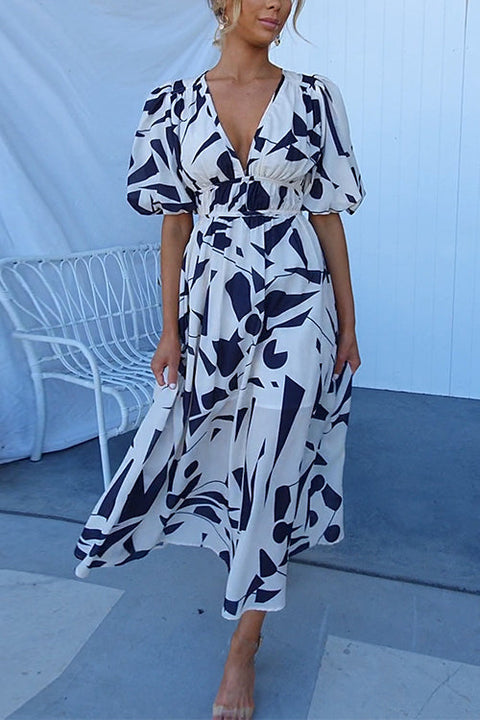Trixiedress V Neck Puff Sleeves Printed Maxi Flowy Dress